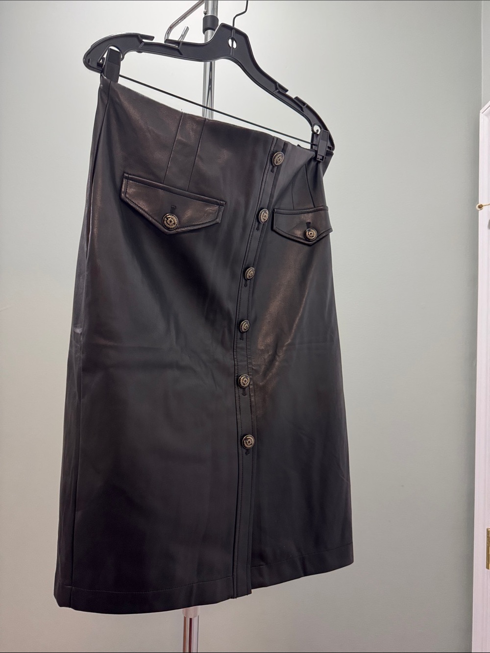 White House Black Market Black Faux Leather Button-Front Pencil Skirt